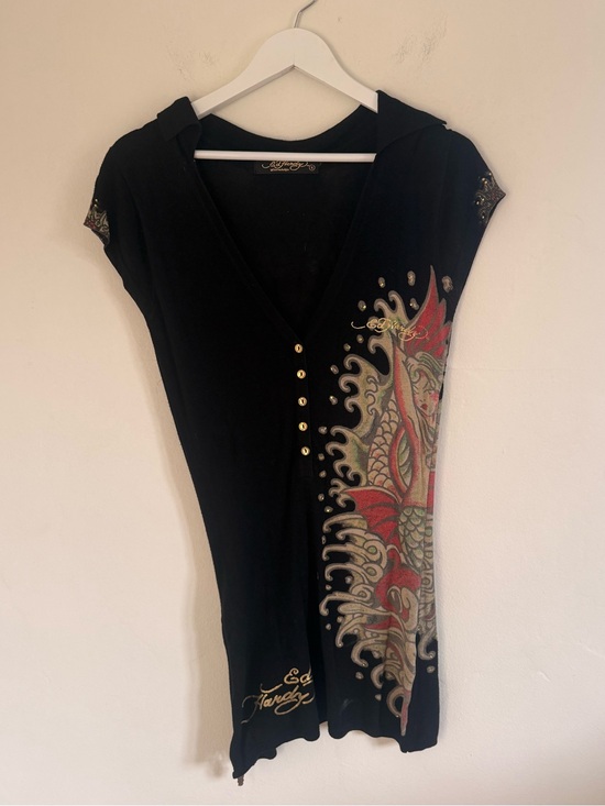 Ed Hardy Tops - Ed Hardy byChristian Audigier Black V-Neck Tunic with Red and Cream Dragon Motif